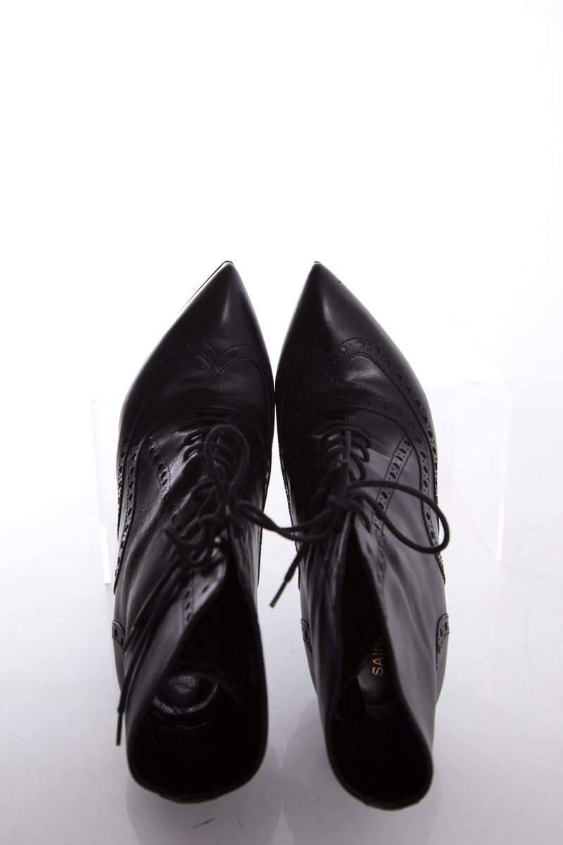 Yves Saint Laurent Black Leather Lace-Up Pointed-Toe Boots SZ 39 - fashionupstore1