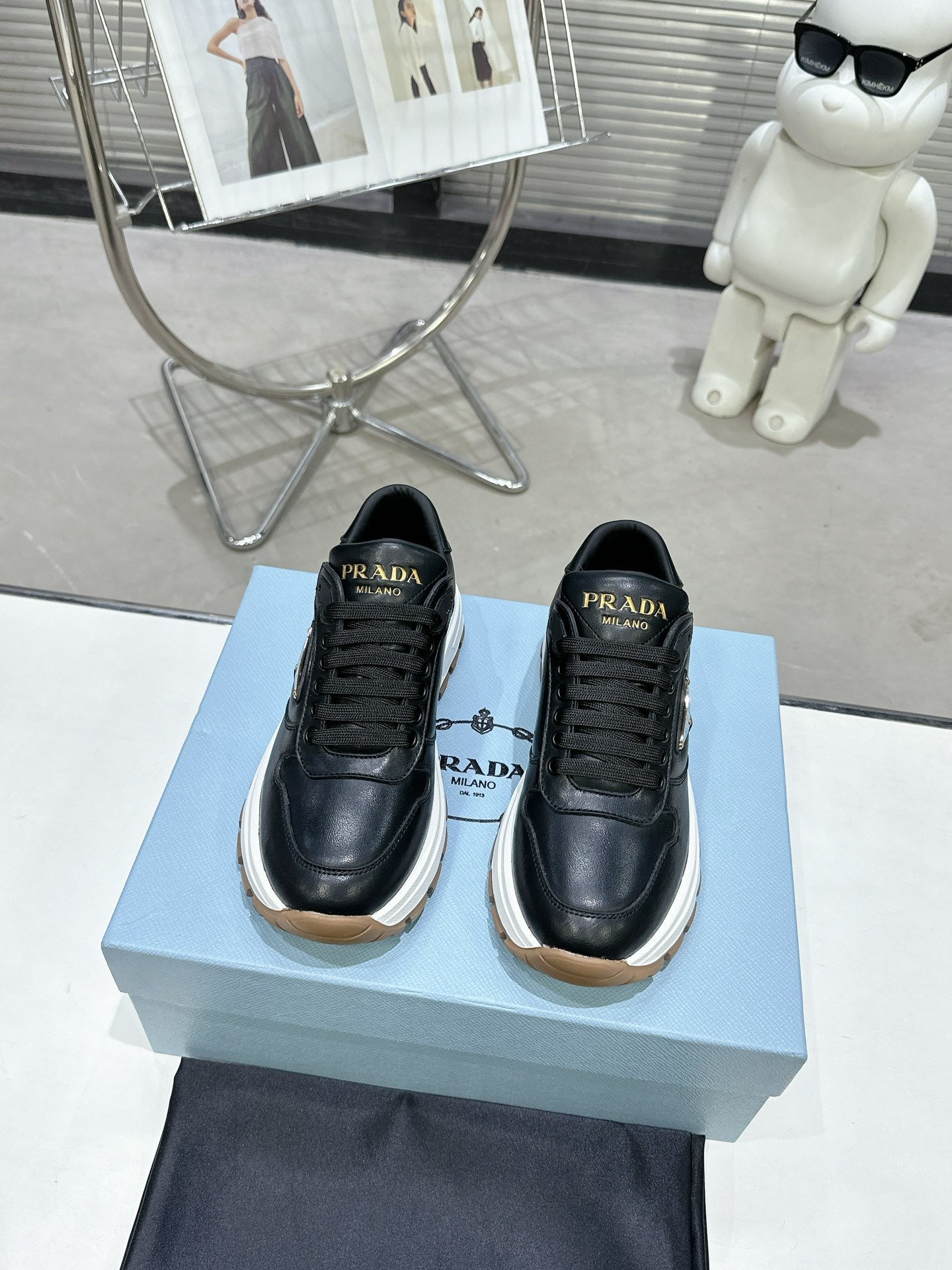 PRD Triangle Logo Leather Black Sneakers -047 - fashionupstore1