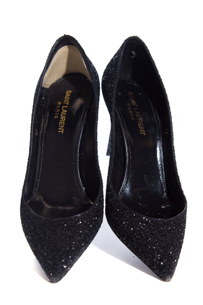 Yves Saint Laurent Black Glitter Zoe Heels SZ 38 - fashionupstore1