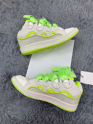 Premium Women Leather Curb Sneaker white fluorescent yellow - fashionupstore1