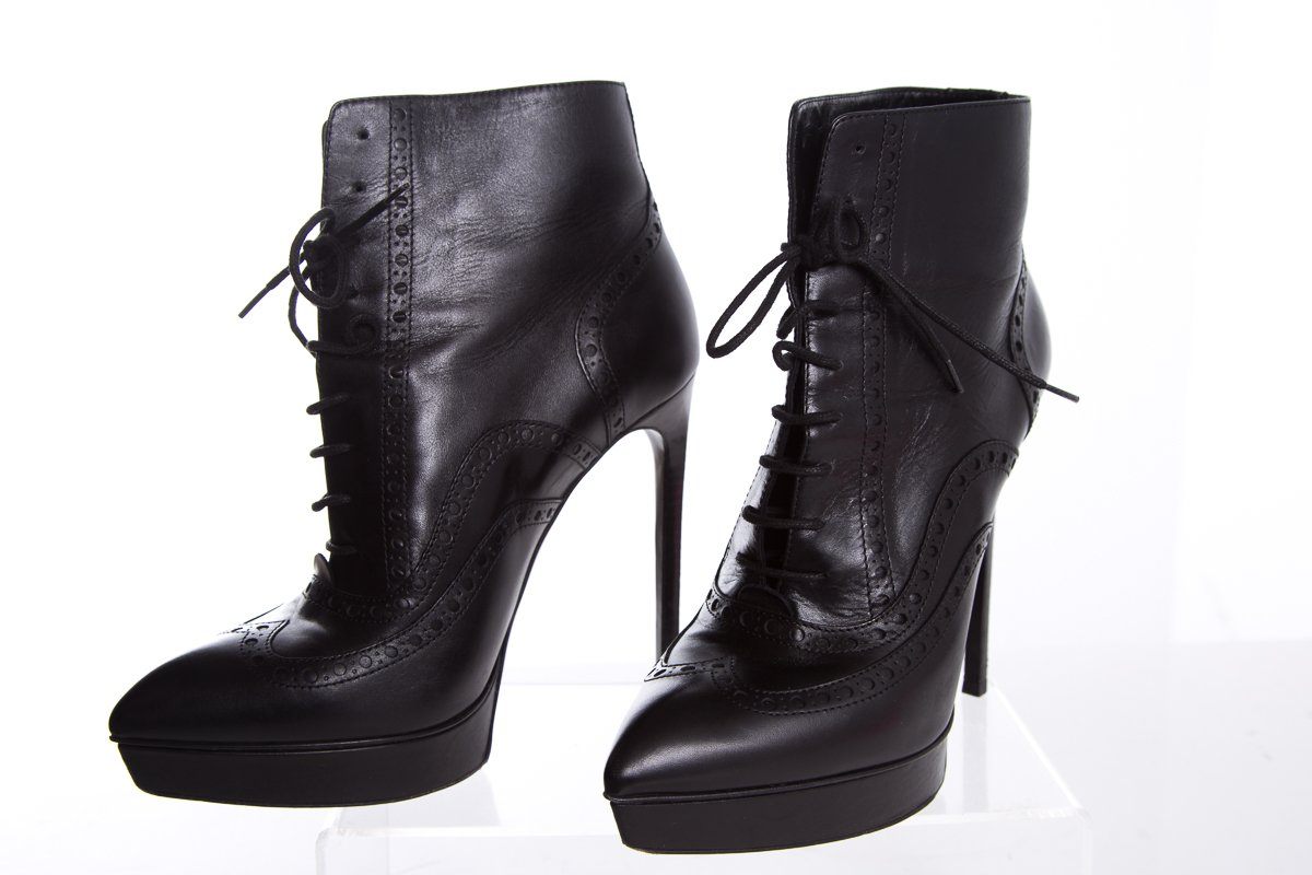 Yves Saint Laurent Black Leather Lace-Up Pointed-Toe Boots SZ 39 - fashionupstore1