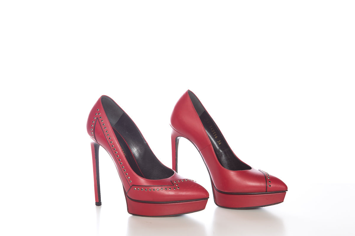 YSL Yves Saint Laurent Red Jeweled Lightning Heels SZ 36 - fashionupstore1