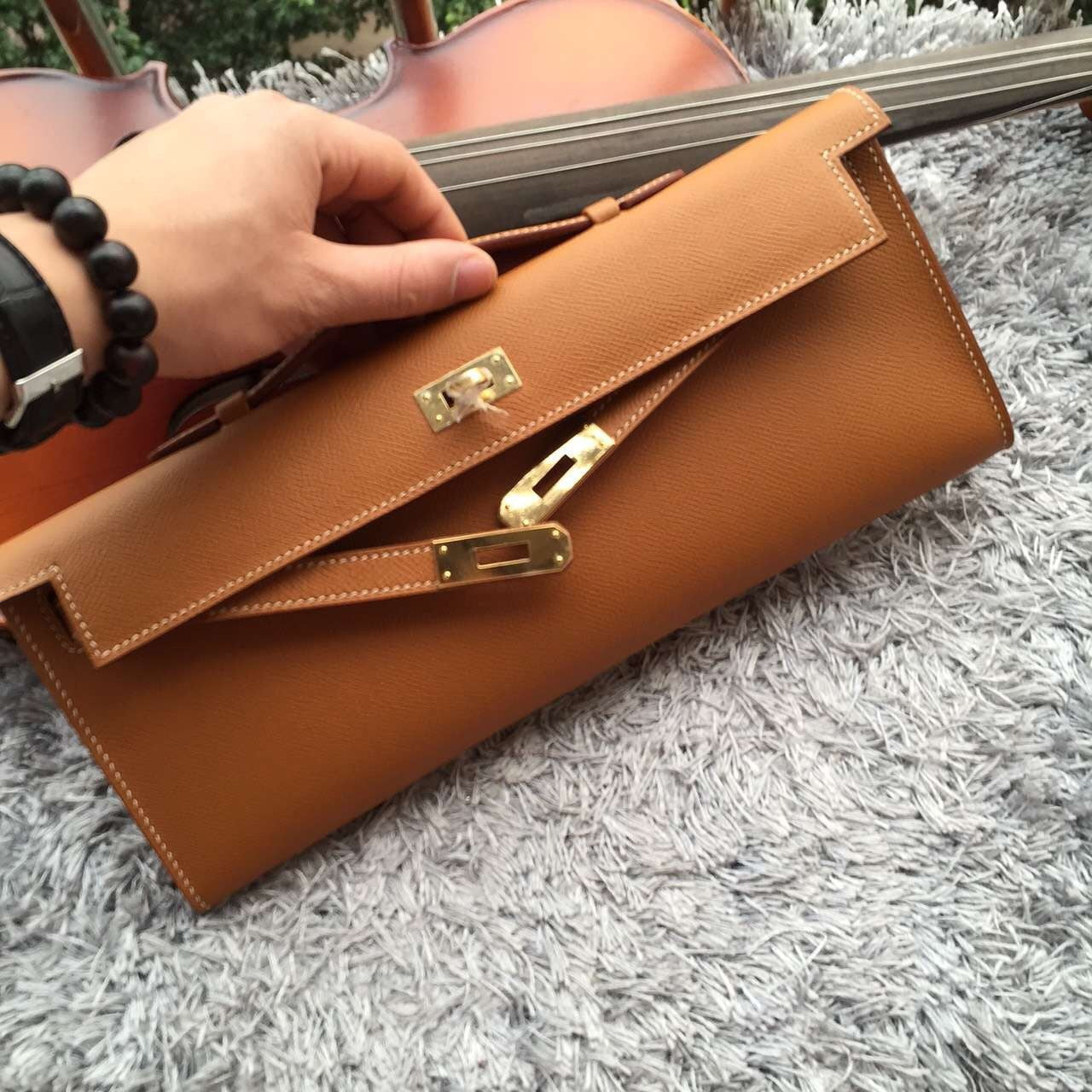 Hermes Brown Handcrafted Kelly Cut Clutch - fashionupstore1