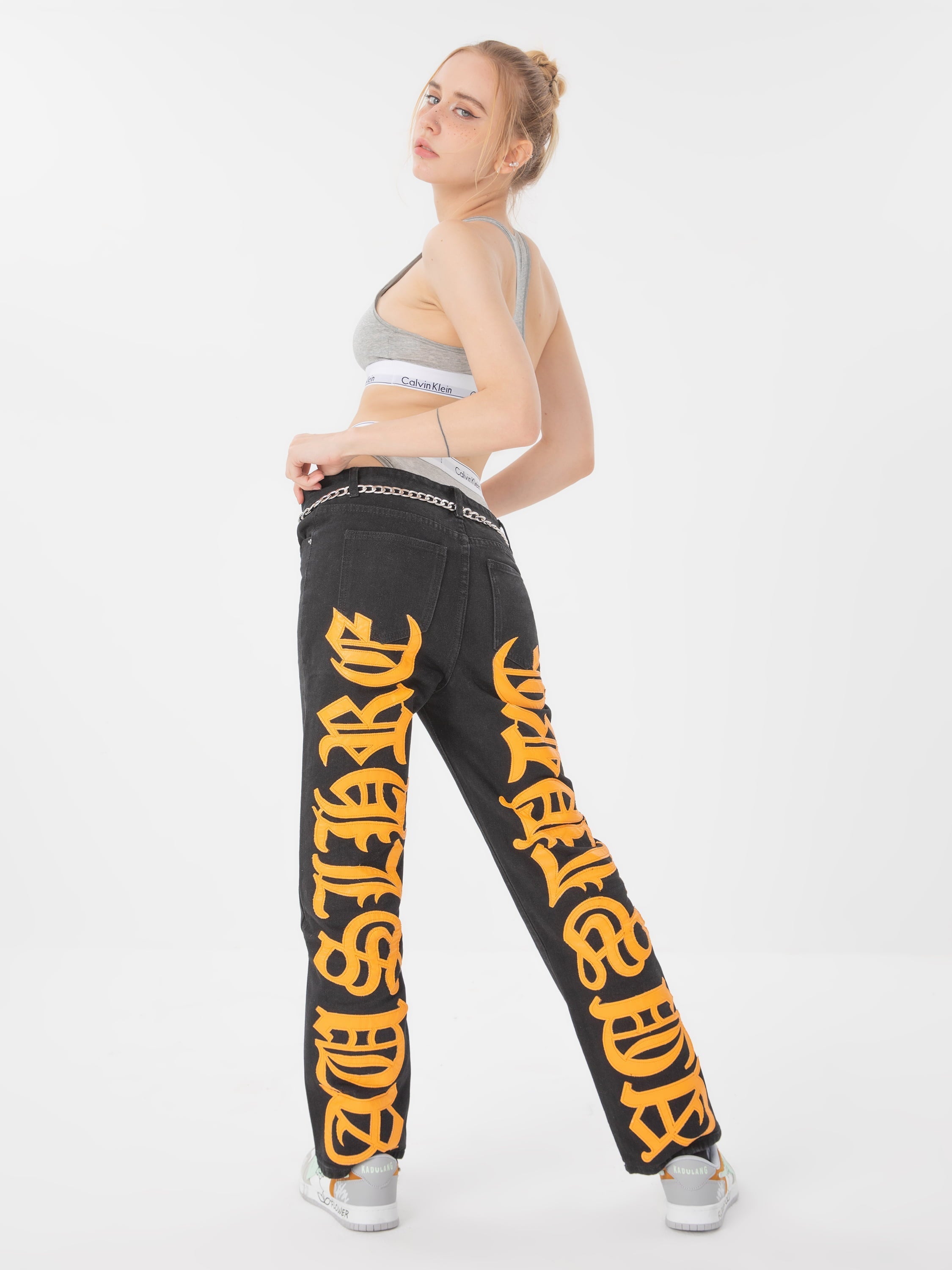 1984 American High Street Burning Text Embroidered Letters Jeans -1478 - 1984brand