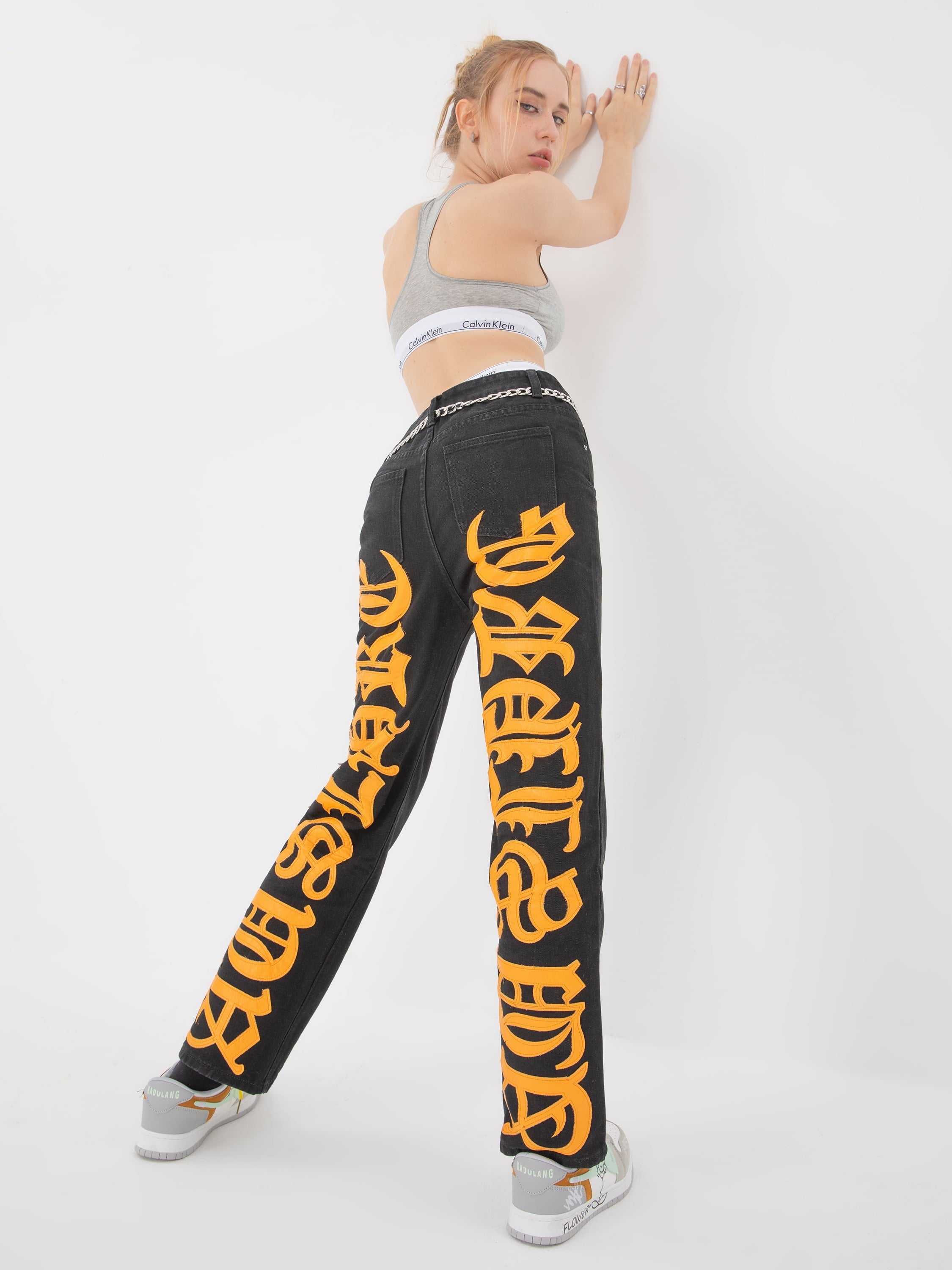 1984 American High Street Burning Text Embroidered Letters Jeans -1478 - 1984brand