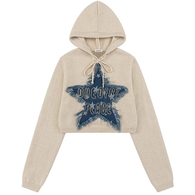 1984® Women Crop Hooded Sweater Denim Star Patch - 1984brand