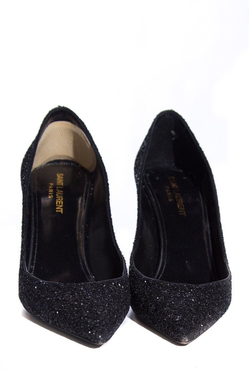 Yves Saint Laurent Black Glitter Zoe Heels SZ 38 - fashionupstore1