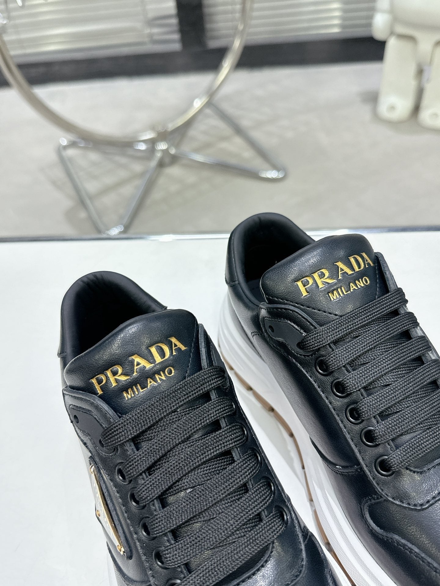 PRD Triangle Logo Leather Black Sneakers -047 - fashionupstore1