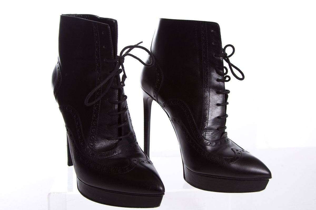 Yves Saint Laurent Black Leather Lace-Up Pointed-Toe Boots SZ 39 - fashionupstore1