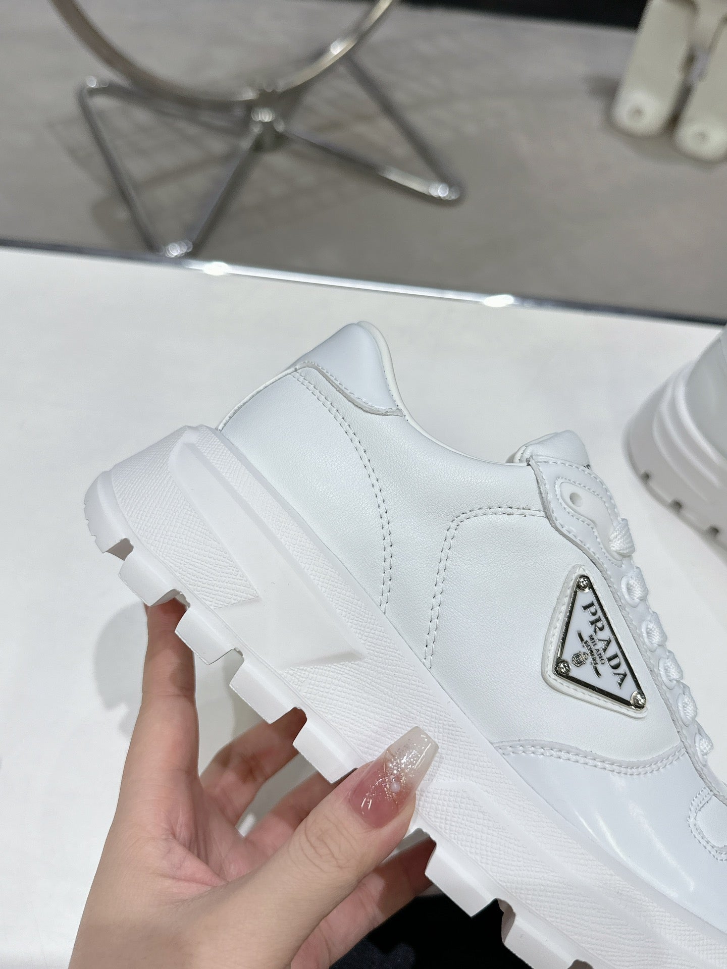 PRD Triangle Logo Leather Sneakers Triple White-046 - fashionupstore1