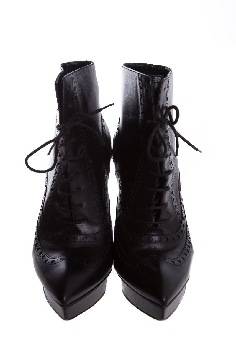 Yves Saint Laurent Black Leather Lace-Up Pointed-Toe Boots SZ 39 - fashionupstore1