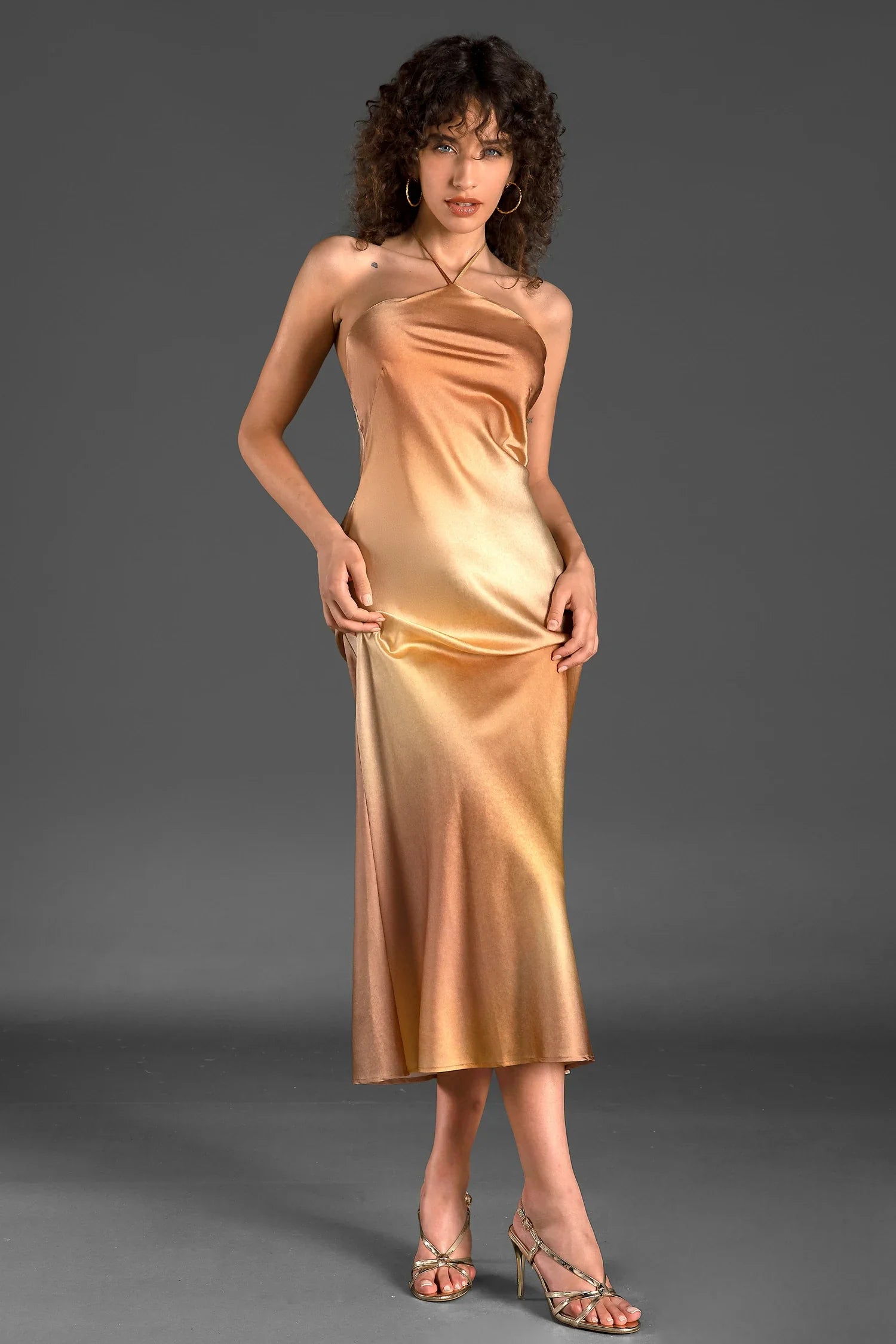 Zanelis Halter Gradient Silk Dress In Gold - fashionupstore1