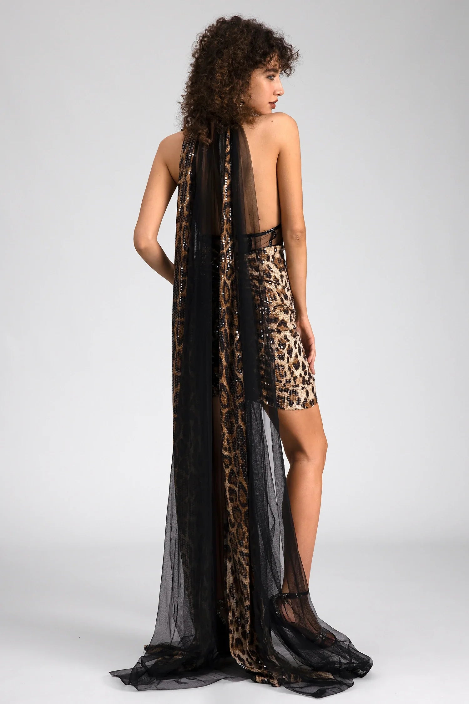 Pre-Sale Losif Leopard Print Shawl Sequin Dress - fashionupstore1