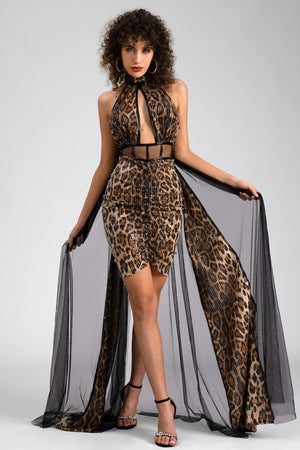 Pre-Sale Losif Leopard Print Shawl Sequin Dress - fashionupstore1