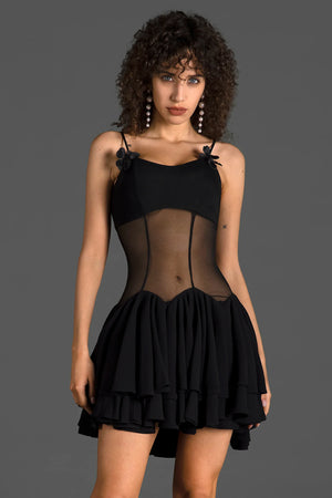 Zaneta Spaghetti Sheer Ruffle Mini Dress In Black - fashionupstore1