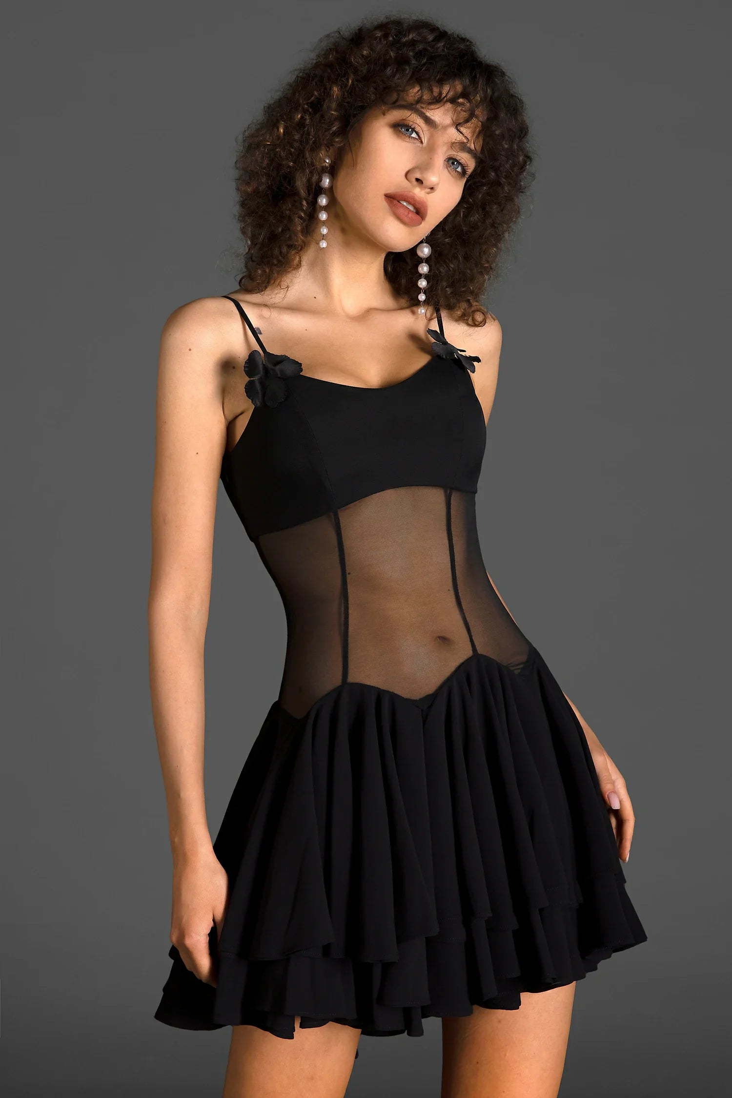 Zaneta Spaghetti Sheer Ruffle Mini Dress In Black - fashionupstore1