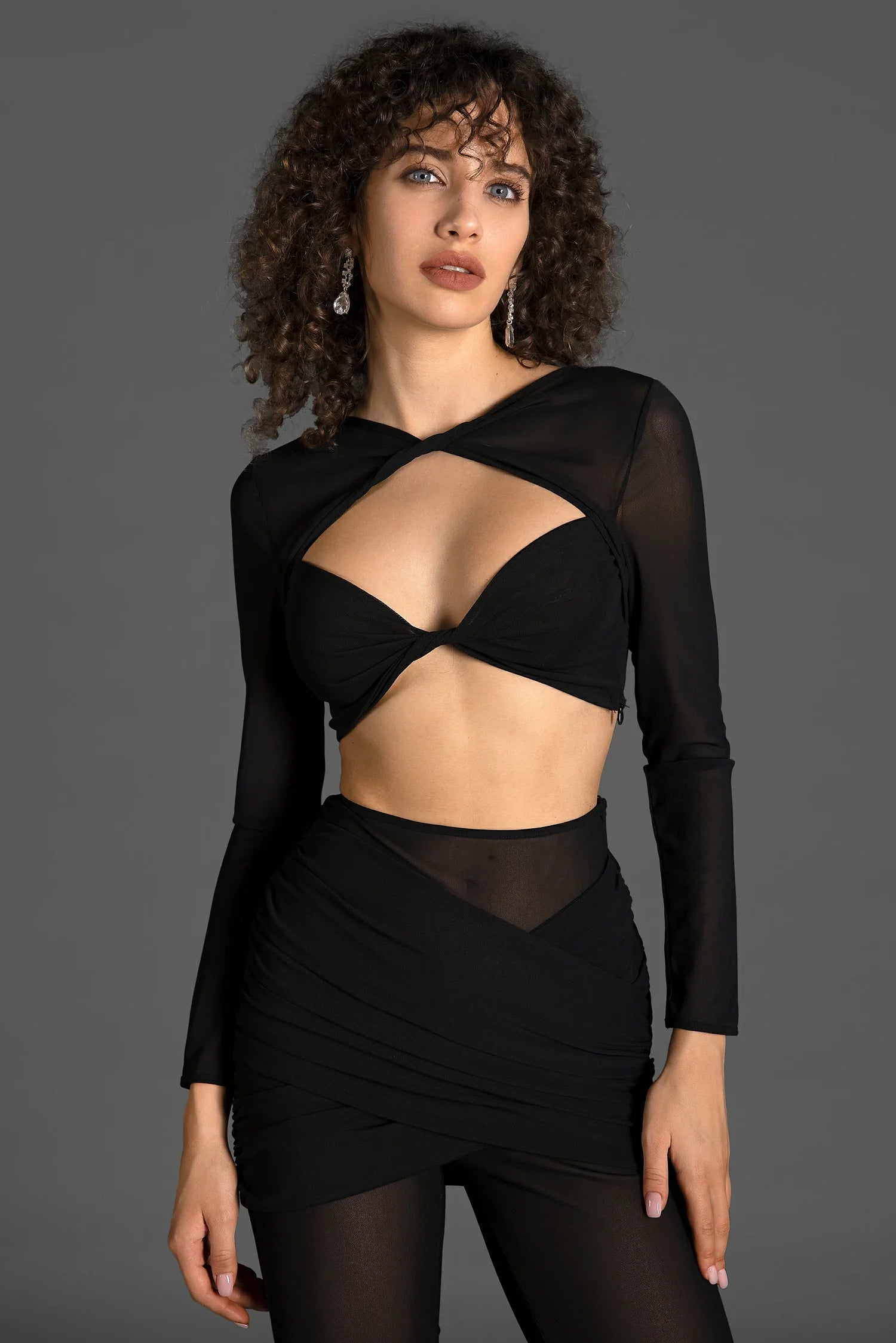 Zelma Long Sleeve Pleat Twisted Mesh Set In Black - fashionupstore1