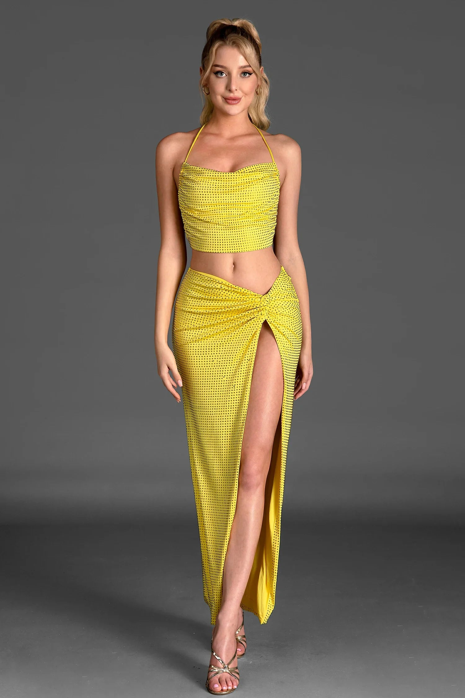 Xeneli Backless Halter High Slit 2 Piece Set In Yellow - fashionupstore1