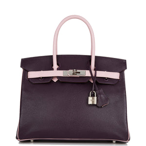 Pre-owned Hermes Special Order (HSS) Birkin 30 Raisin and Rose Sakura Chevre Palladium Hardware - fashionupstore1