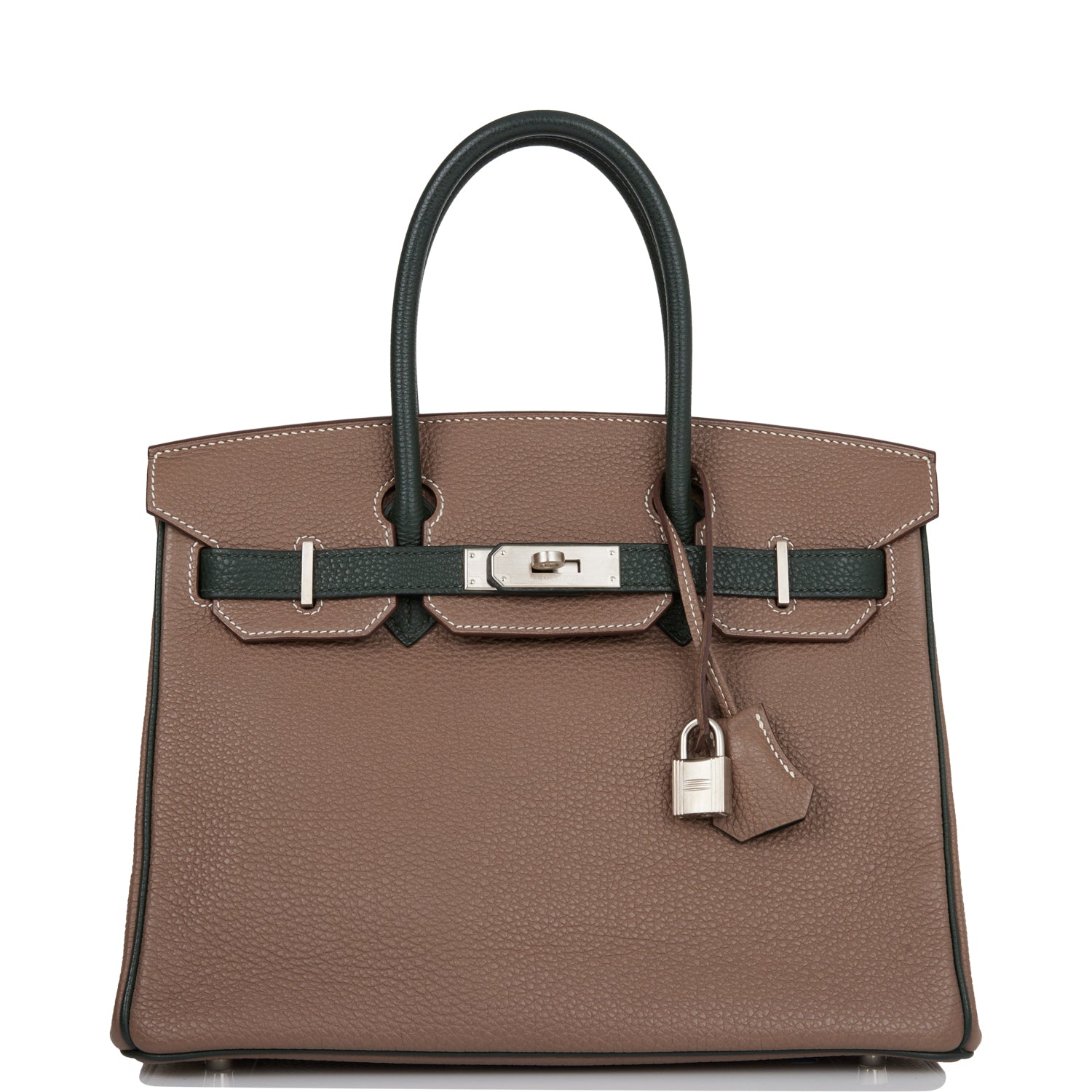 Pre-owned Hermes Special Order (HSS) Birkin 30 Etoupe and Vert Fonce Togo Brushed Palladium Hardware - fashionupstore1