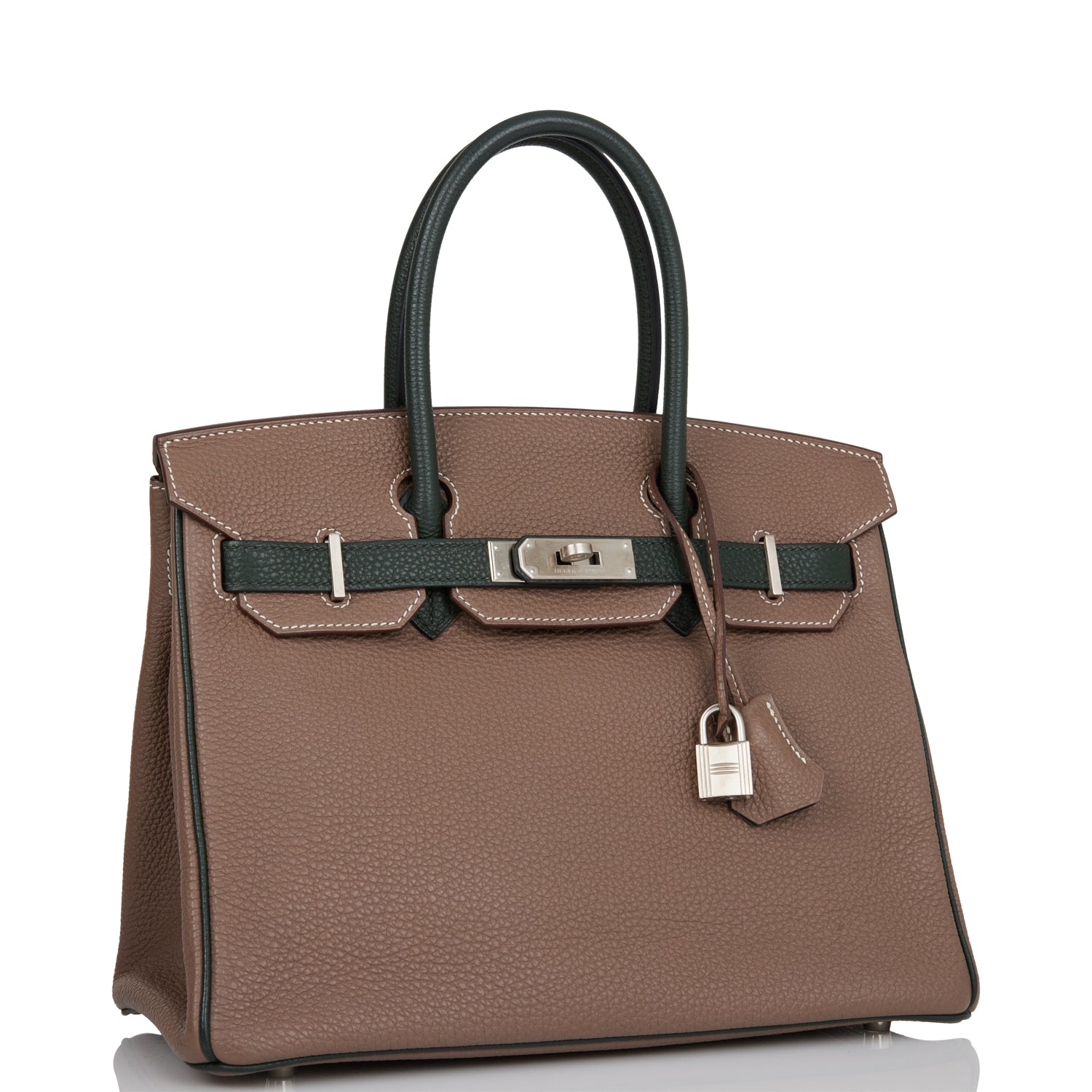 Pre-owned Hermes Special Order (HSS) Birkin 30 Etoupe and Vert Fonce Togo Brushed Palladium Hardware - fashionupstore1