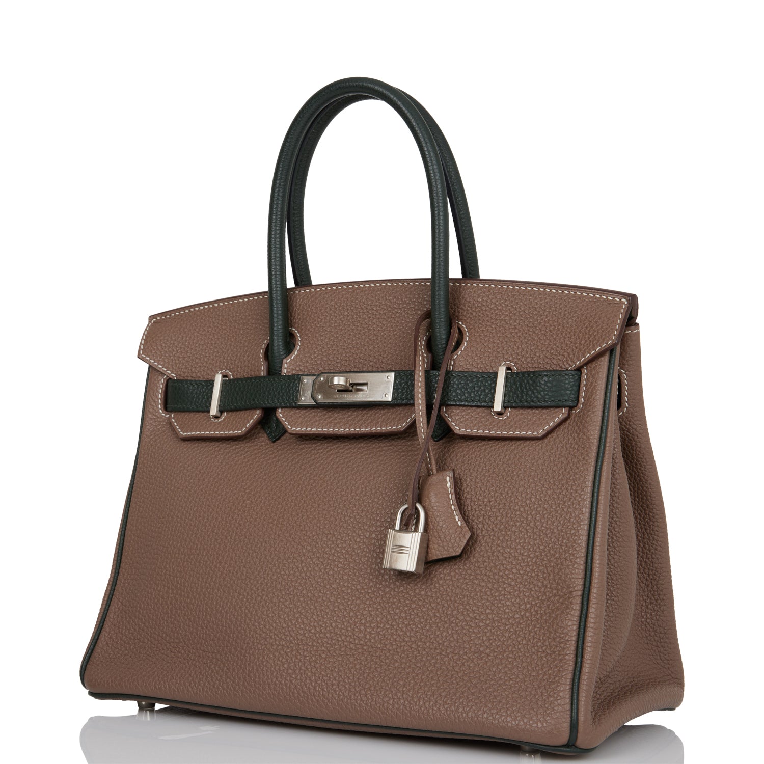 Pre-owned Hermes Special Order (HSS) Birkin 30 Etoupe and Vert Fonce Togo Brushed Palladium Hardware - fashionupstore1