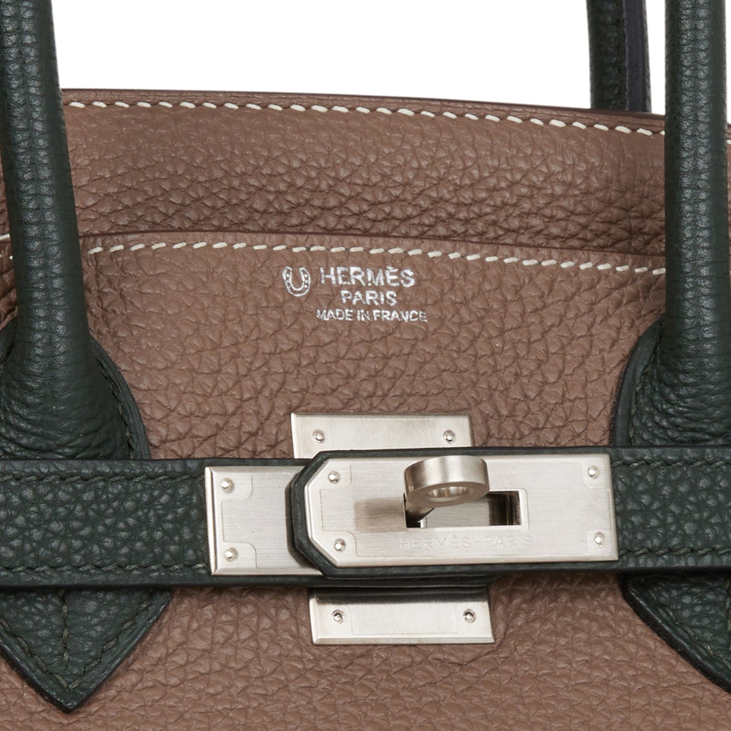 Pre-owned Hermes Special Order (HSS) Birkin 30 Etoupe and Vert Fonce Togo Brushed Palladium Hardware - fashionupstore1