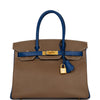 Pre-owned Hermes Special Order (HSS) Birkin 30 Etoupe and Bleu Saphire Chevre Brushed Gold Hardware - fashionupstore1