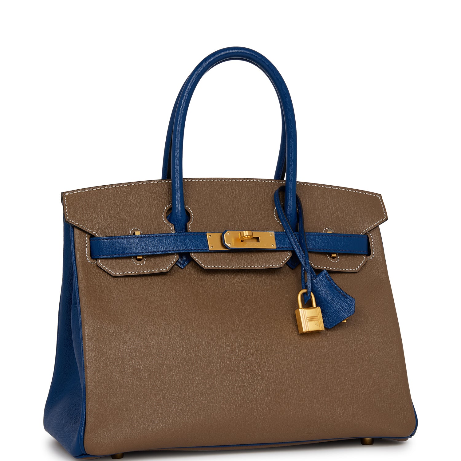 Pre-owned Hermes Special Order (HSS) Birkin 30 Etoupe and Bleu Saphire Chevre Brushed Gold Hardware - fashionupstore1