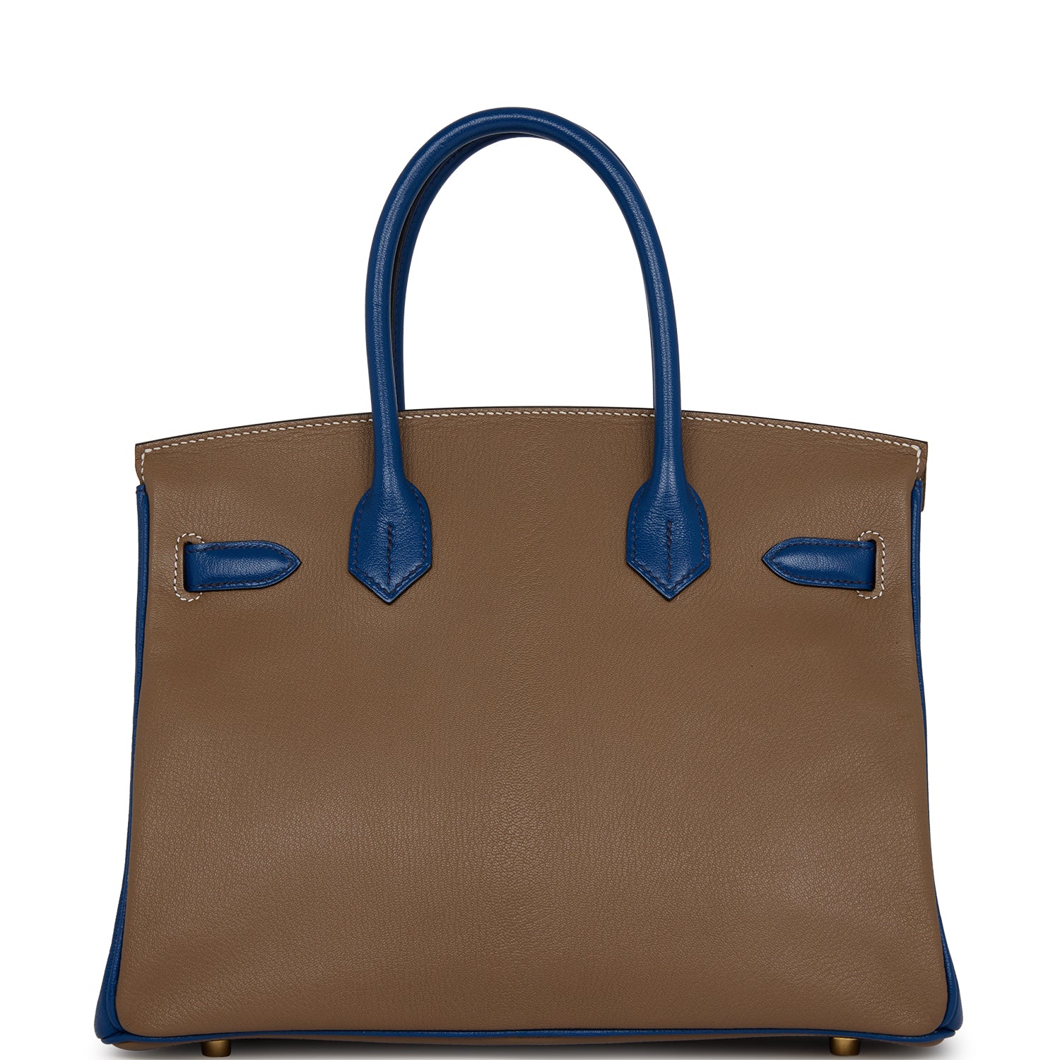 Pre-owned Hermes Special Order (HSS) Birkin 30 Etoupe and Bleu Saphire Chevre Brushed Gold Hardware - fashionupstore1