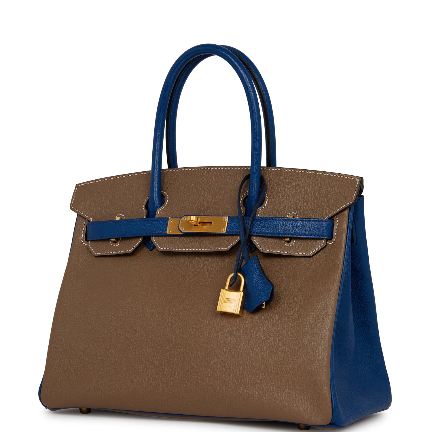 Pre-owned Hermes Special Order (HSS) Birkin 30 Etoupe and Bleu Saphire Chevre Brushed Gold Hardware - fashionupstore1