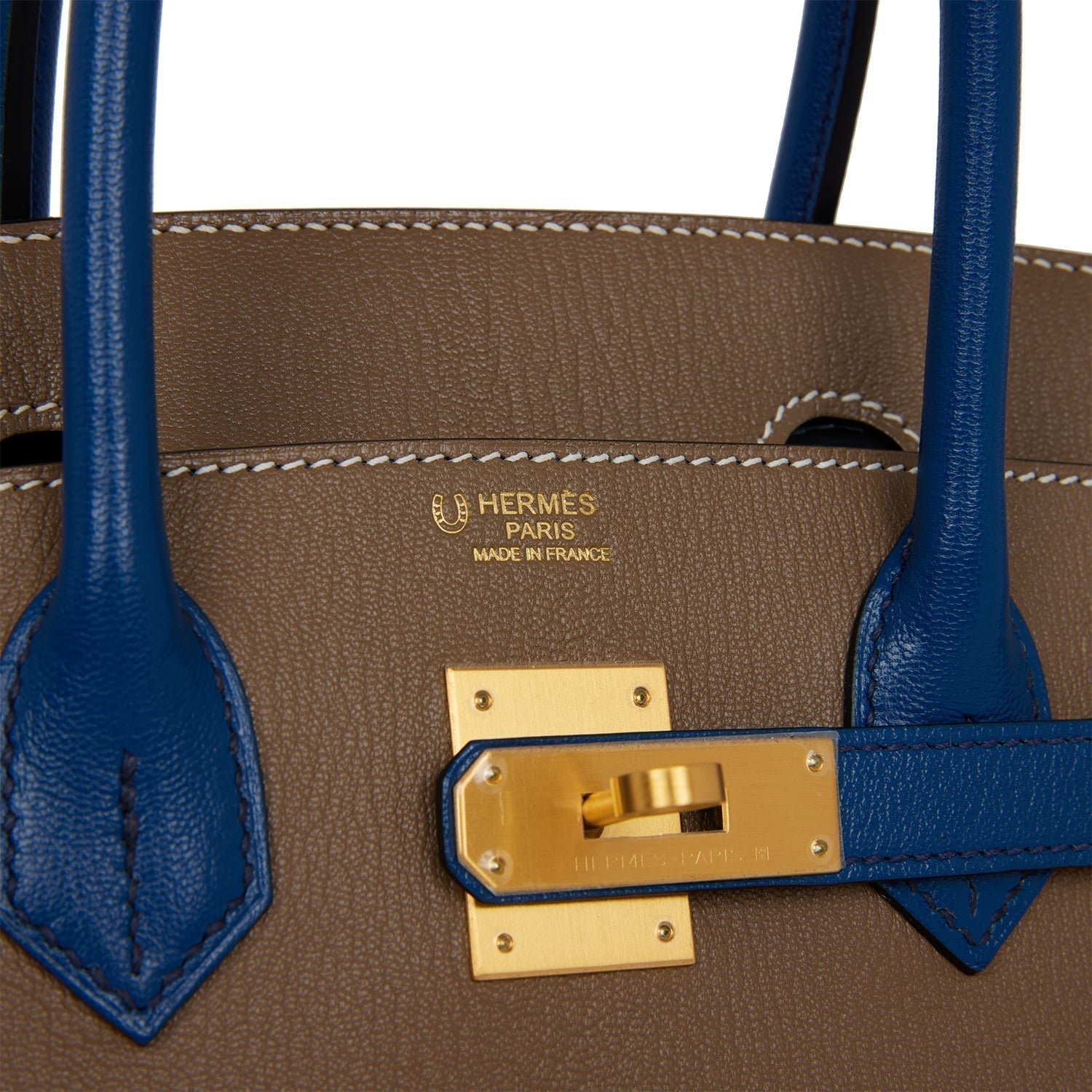 Pre-owned Hermes Special Order (HSS) Birkin 30 Etoupe and Bleu Saphire Chevre Brushed Gold Hardware - fashionupstore1