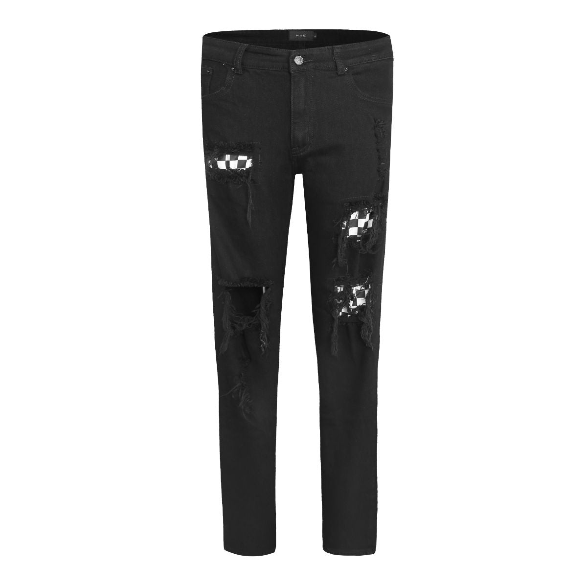 Checkered Patch Denim - Black - fashionupstore1