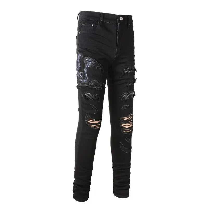 Ripped Leather Patch Jeans V2 - 1984brand