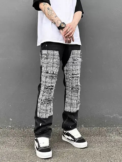 1984 Black White Checkered Denim Splice Patchworks Ripped Jeans - fashionupstore1