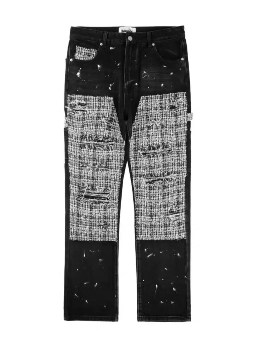 Fashionup Black White Checkered Denim Splice Patchworks Ripped Jeans - fashionupstore1