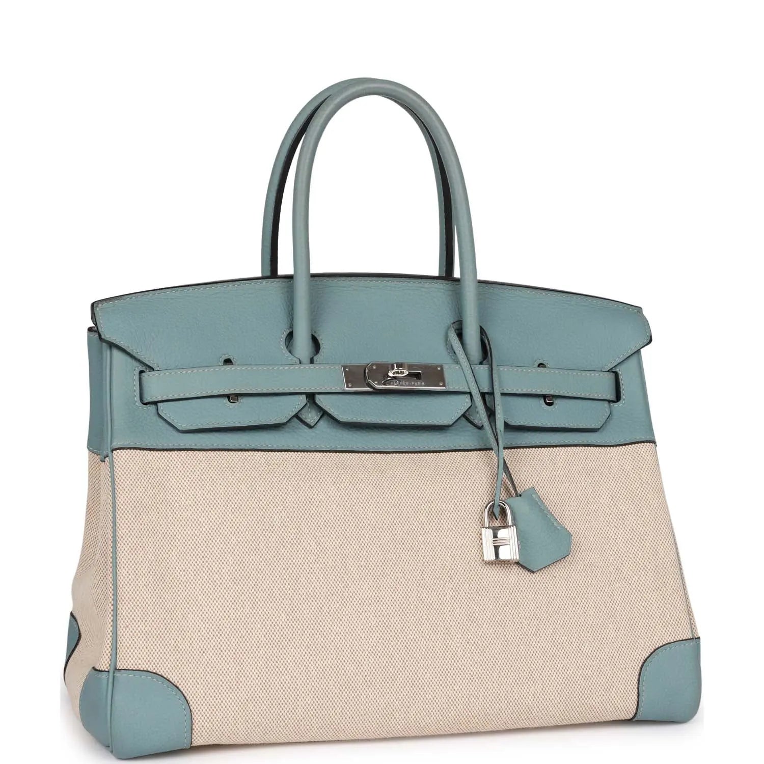 Pre-owned Hermes Birkin 35 Toile H and Ciel Clemence Palladium Hardware - fashionupstore1