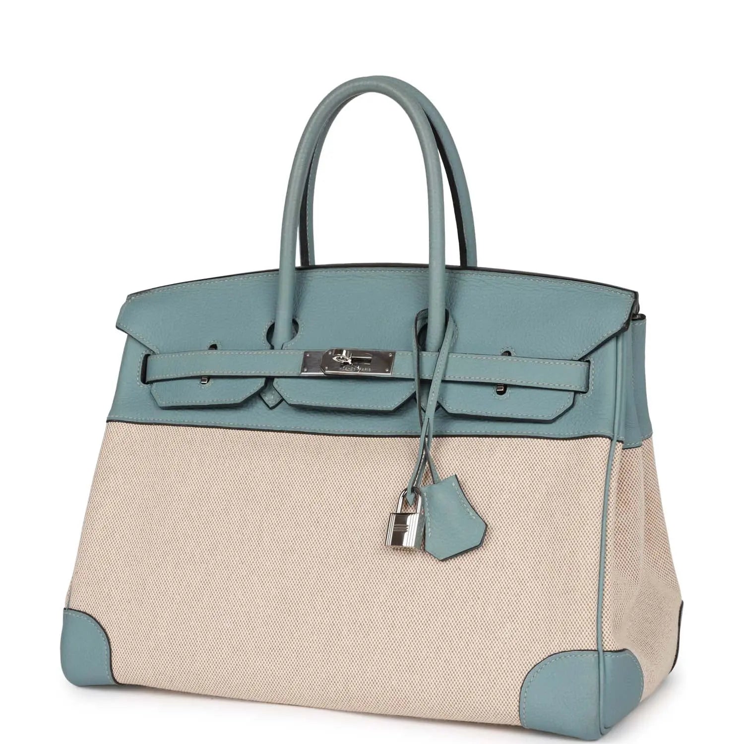 Pre-owned Hermes Birkin 35 Toile H and Ciel Clemence Palladium Hardware - fashionupstore1