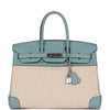 Pre-owned Hermes Birkin 35 Toile H and Ciel Clemence Palladium Hardware - fashionupstore1