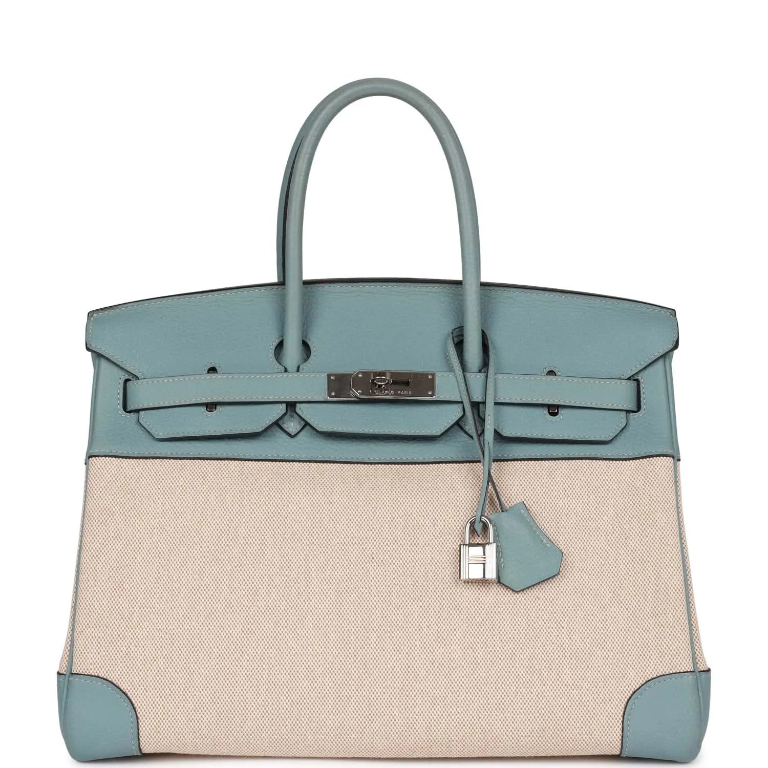 Pre-owned Hermes Birkin 35 Toile H and Ciel Clemence Palladium Hardware - fashionupstore1