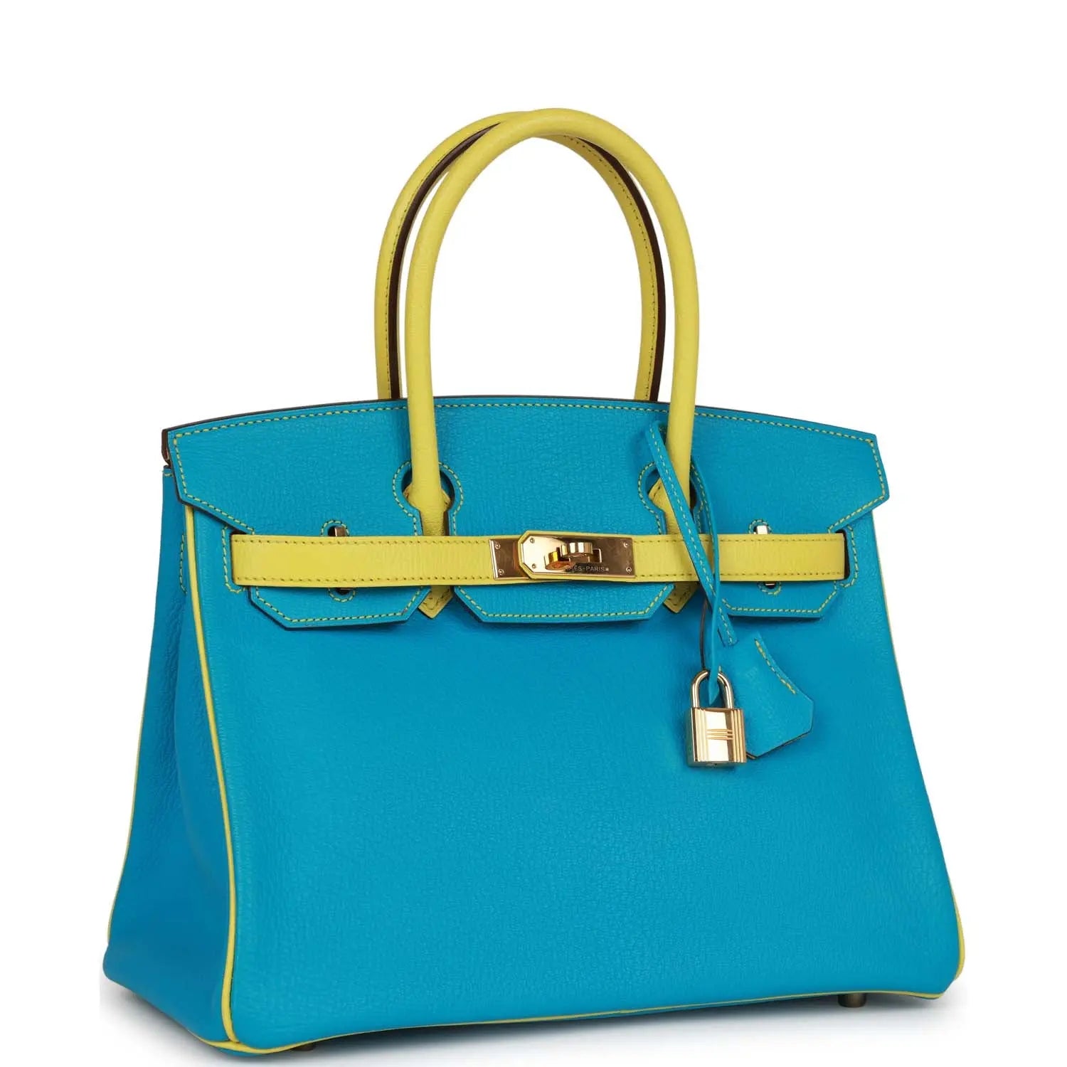 Pre-owned Hermes Special Order (HSS) Birkin 30 Bleu Turquoise and Lime Chevre Gold Hardware - fashionupstore1