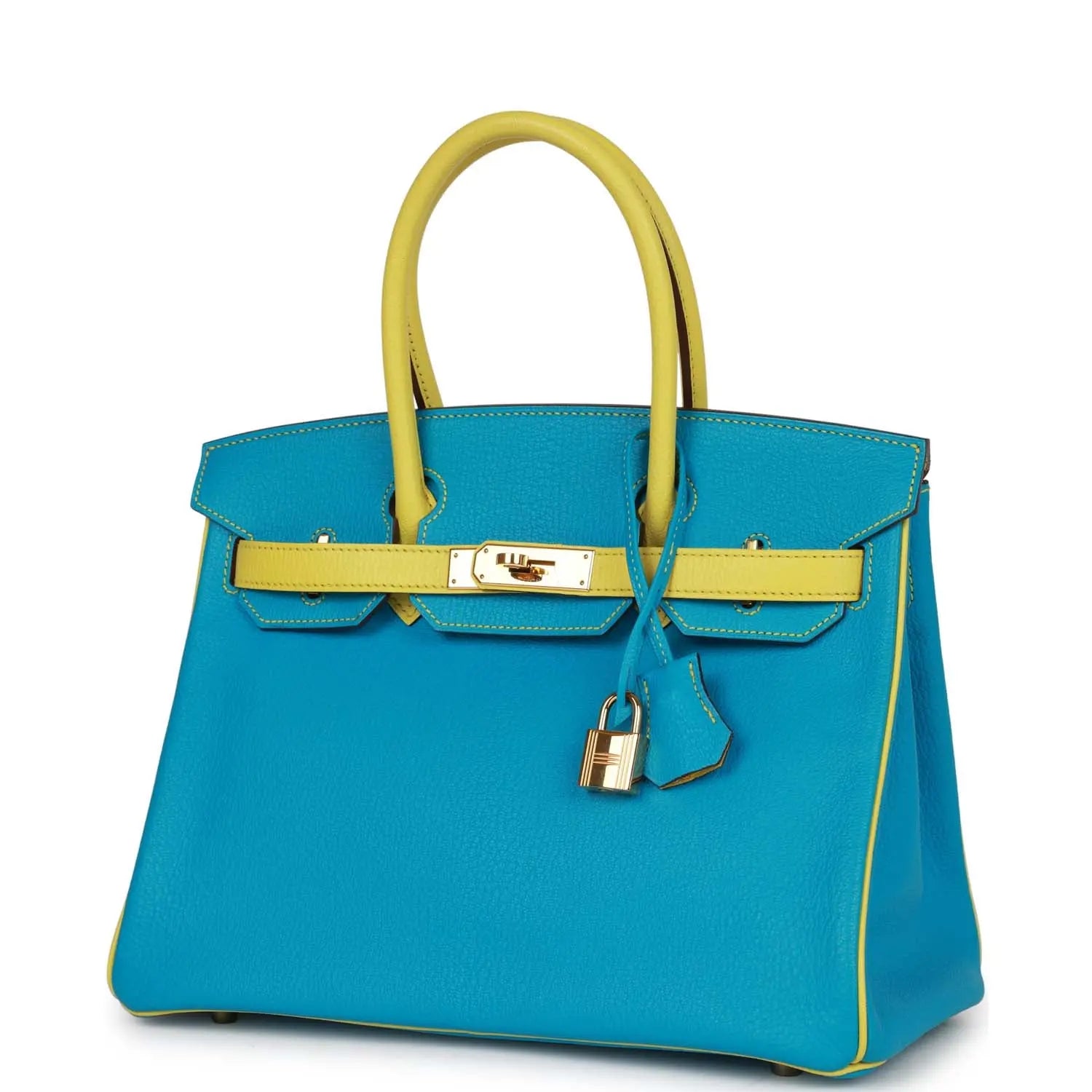 Pre-owned Hermes Special Order (HSS) Birkin 30 Bleu Turquoise and Lime Chevre Gold Hardware - fashionupstore1