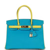 Pre-owned Hermes Special Order (HSS) Birkin 30 Bleu Turquoise and Lime Chevre Gold Hardware - fashionupstore1