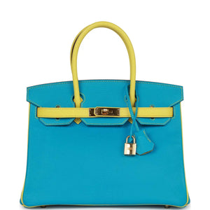 Pre-owned Hermes Special Order (HSS) Birkin 30 Bleu Turquoise and Lime Chevre Gold Hardware - fashionupstore1