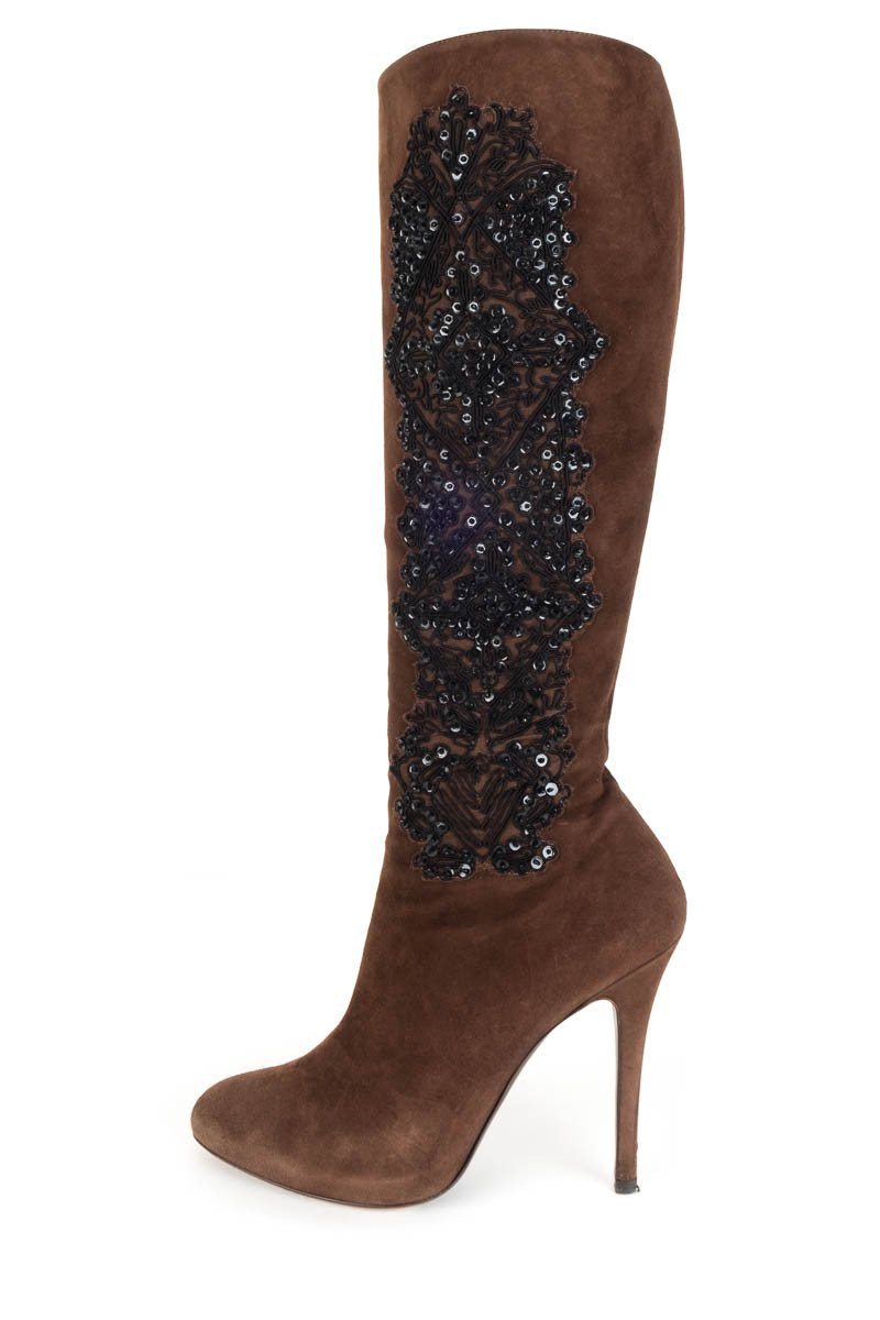 Ralph Lauren Collection Brown Suede & Beaded Boots 38.5 DS - fashionupstore1