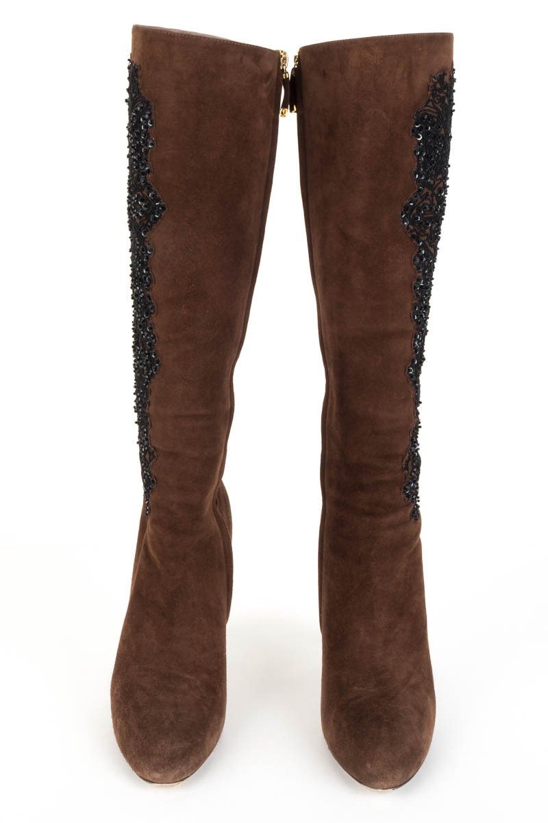 Ralph Lauren Collection Brown Suede & Beaded Boots 38.5 DS - fashionupstore1