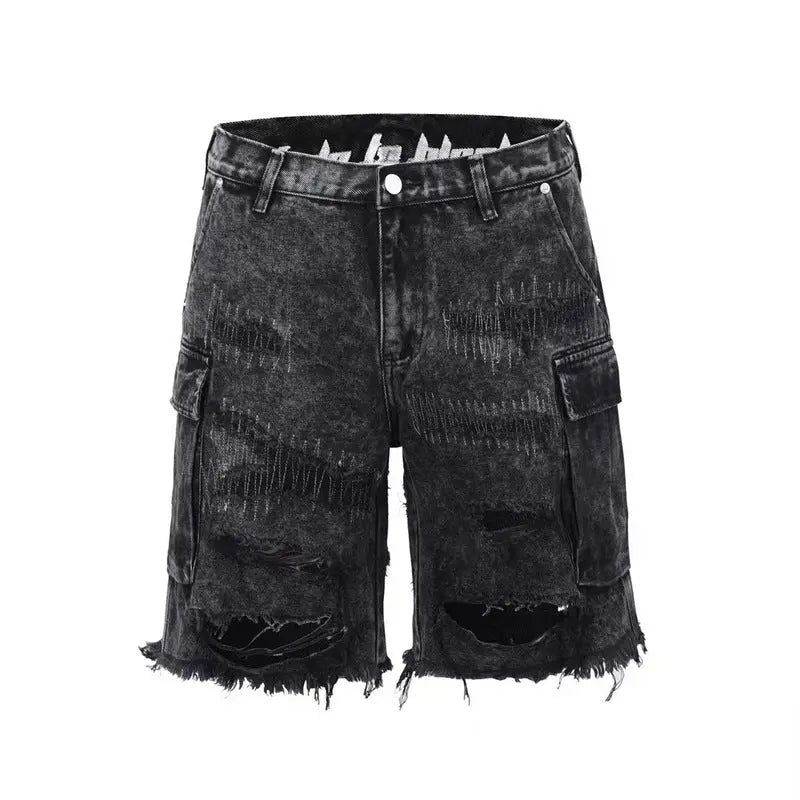 Repaired Denim Cargo Shorts - Black - fashionupstore1