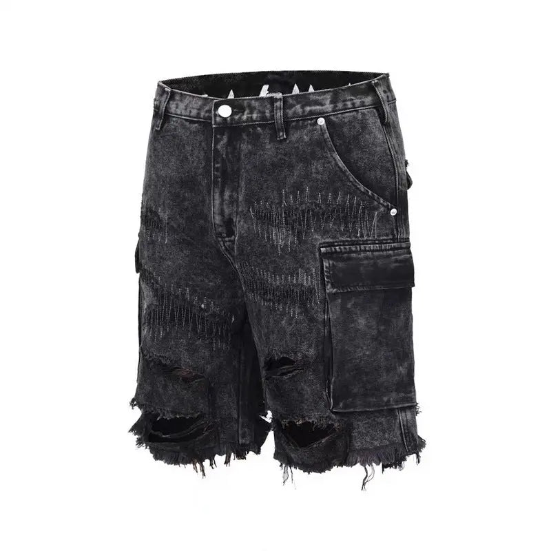 Repaired Denim Cargo Shorts - Black - fashionupstore1