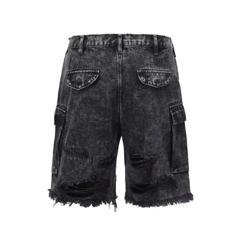 Repaired Denim Cargo Shorts - Black - fashionupstore1