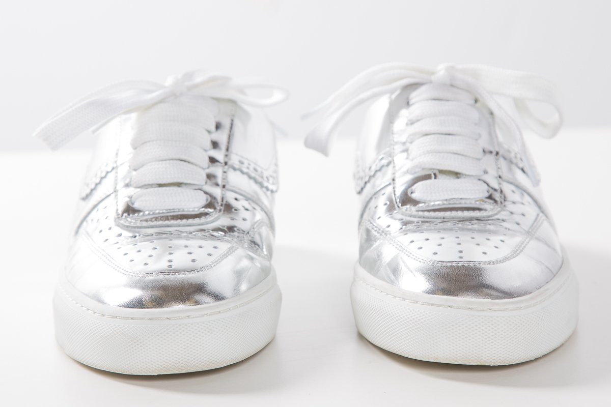 SWEAR Silver Metallic Leather Round-Toe Sneakers SZ 37 - fashionupstore1